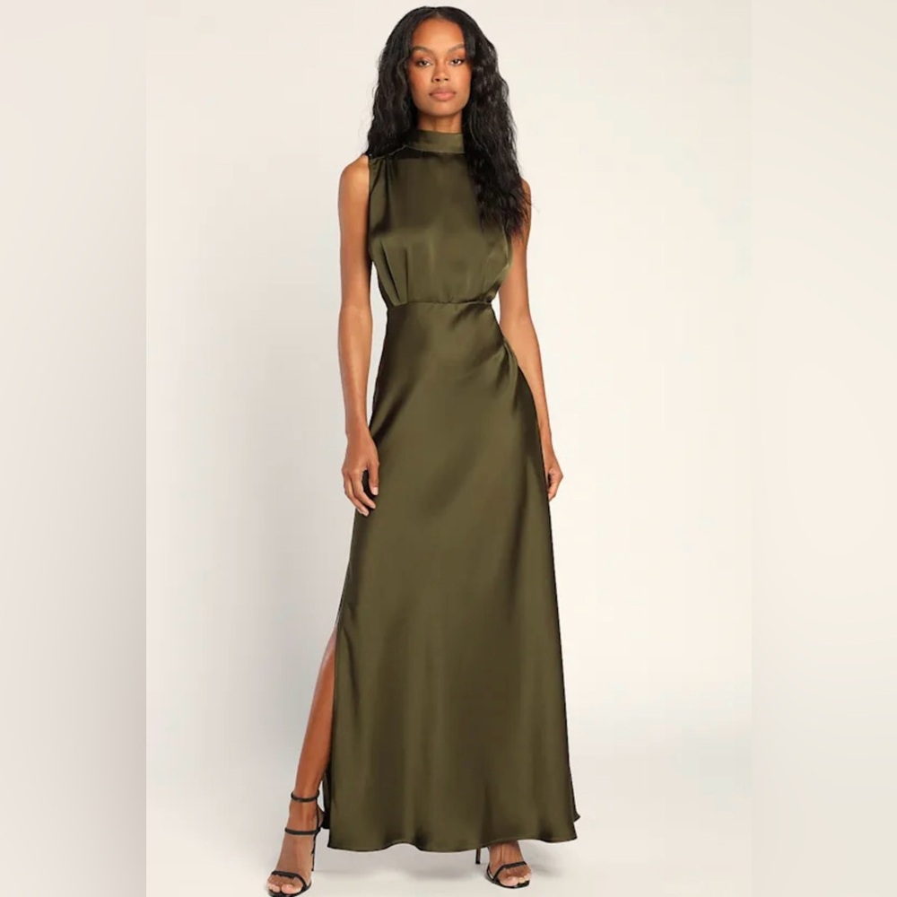 Lulu's Satin High-Neck Olive Green Dress/ Bridesmaid/ Formal dress